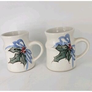 Studio Art Pottery Mugs Signed Kent Follette Holly Berry Bow Mug Set 2 Christmas